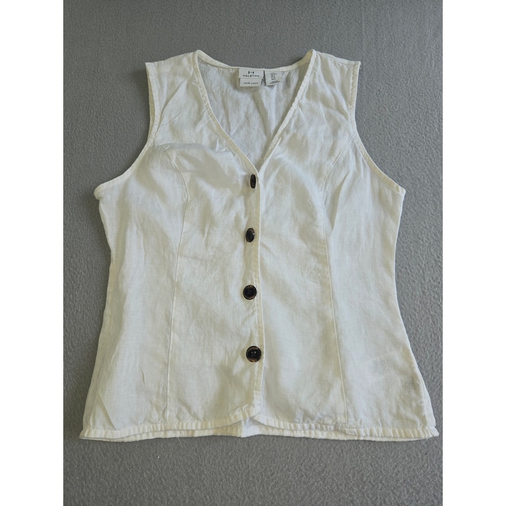 H Halston Vest Top Women Small White 100% Linen Button Front Smocked Back V-Neck